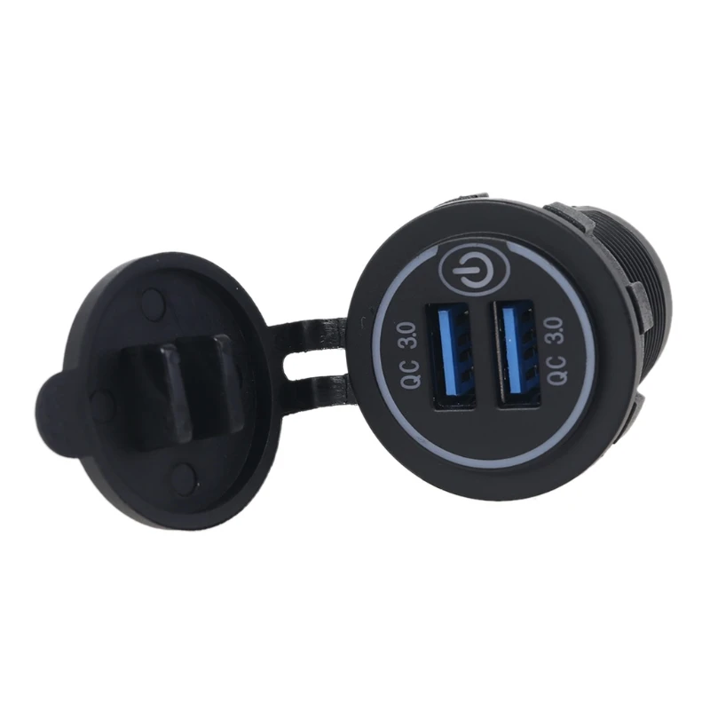 Waterproof 12V 24V Dual QC3.0 USB Car Adapter with On/Off Touch LED Light for Mobile Phone GPS Truck SUV Boat Bus