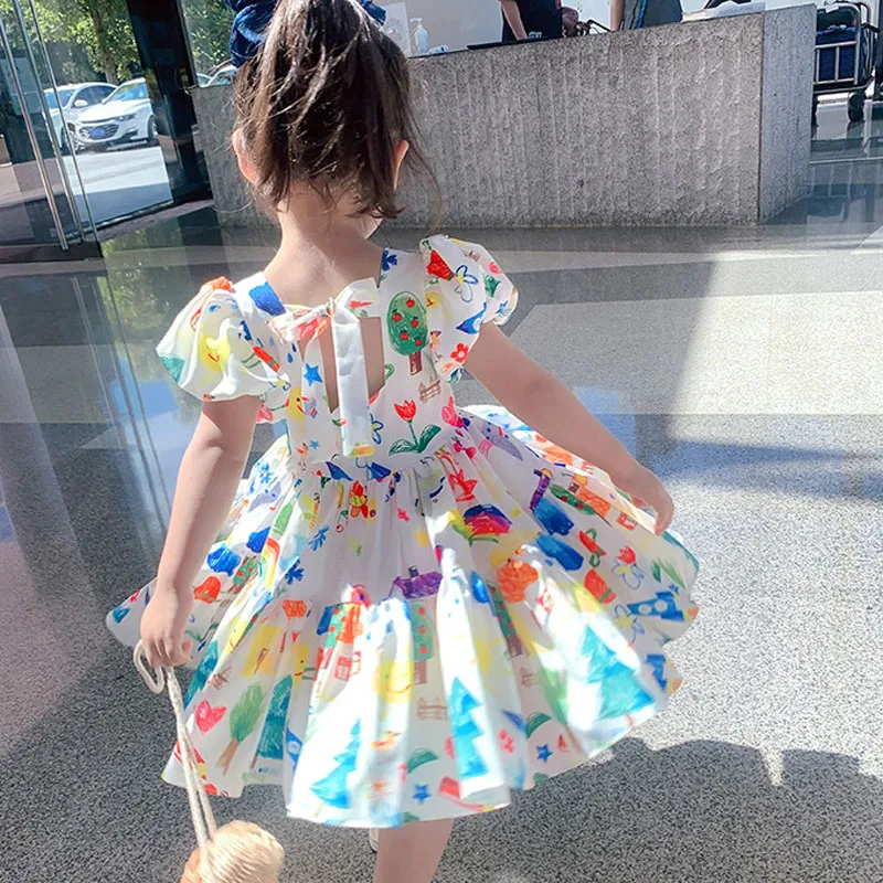 Summer Girls' Puff Sleeve Casual Cartoon Party Princess Dress Cute Children's Wear Baby Kids Girls Clothing girls dress,princess costume,kids clothes