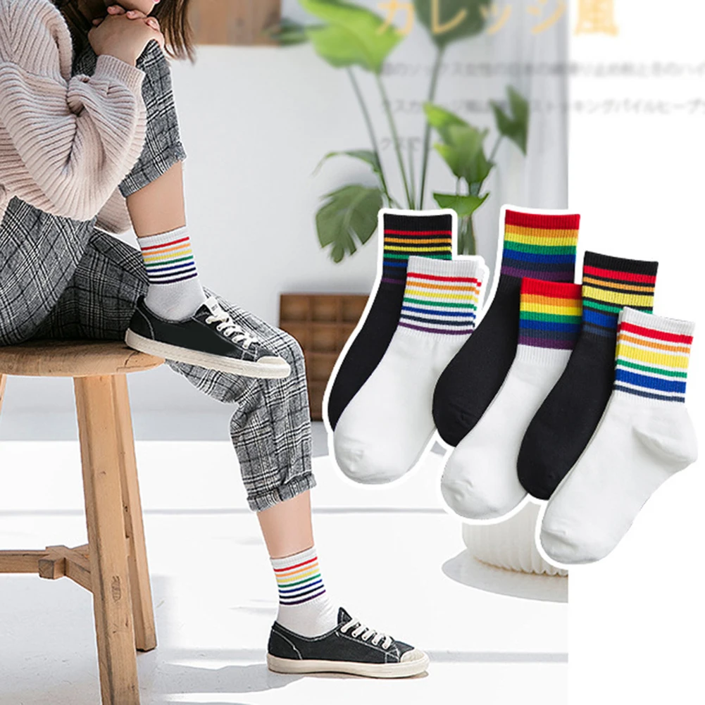 

1 pair Winter Women's Socks Cotton Rainbow Stripes Socks Warm Casual Tide Socks Sweat-absorbent Mid Socks New Arrival