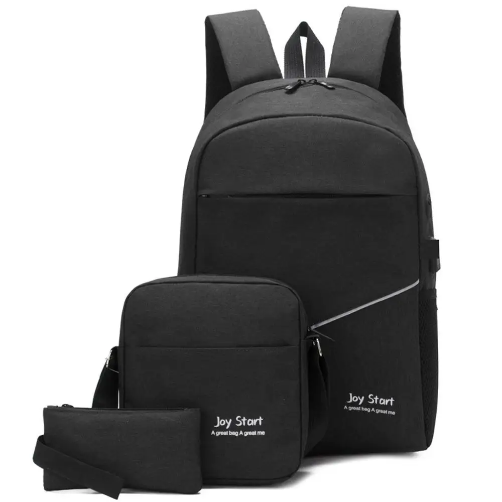 Черный Anti-theft backpack USB port waterproof charging travel laptop bag three-piece - Цвет: Черный