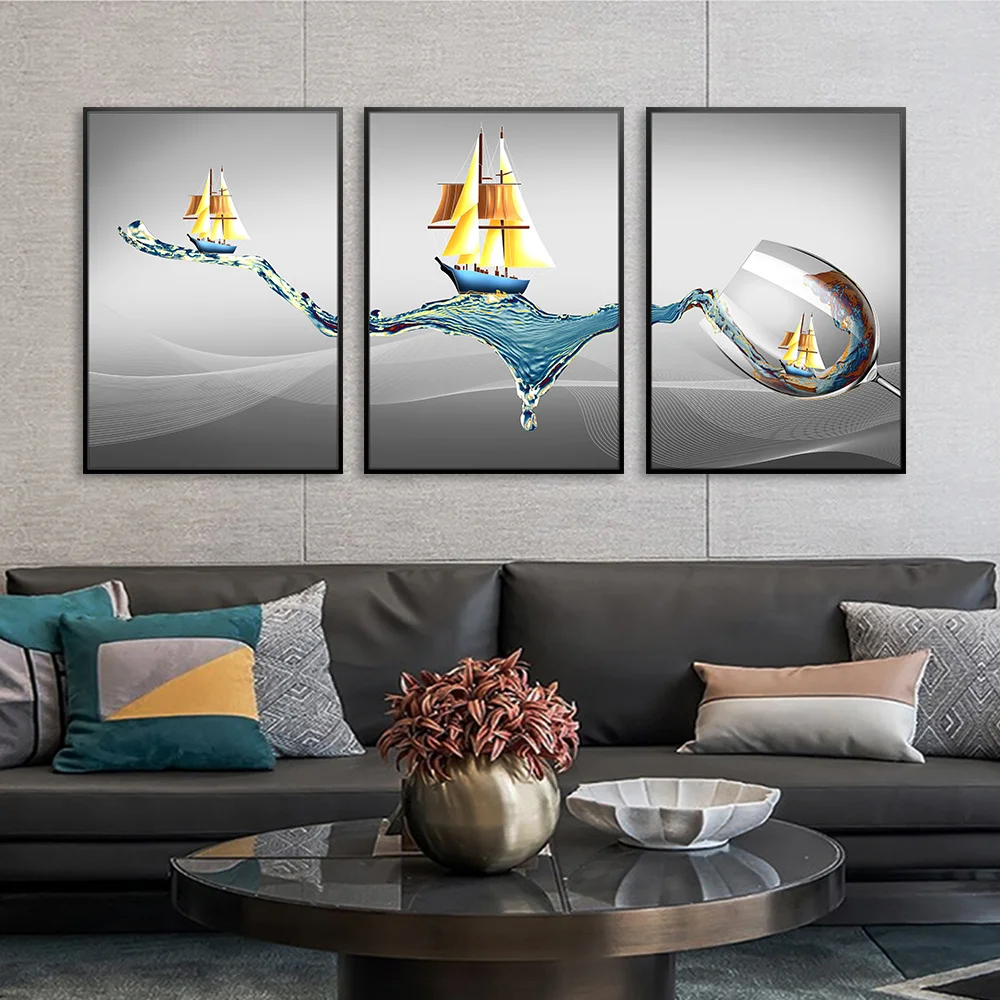 Черно-белая абстрактная Настенная картина Лодка на стену золотого цвета для