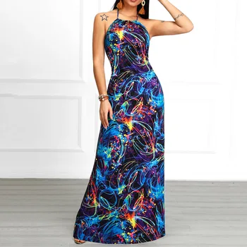 

Blue Elegant Prom Dress Halter Neck Women Party Printing Floor Length Mermaid Sleeveless Evening Gowns Prom Dresses