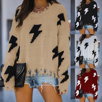 

Loose Sweater Knitted Sweater Women Casual Long Sleeve Loose Pullover Autumn Winter Warm Sweaters Women Tops With Fringed Holes