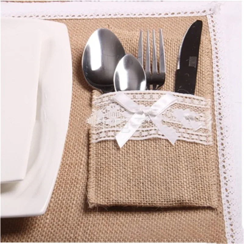 

10Pcs Vintage Wedding Decoration Tableware Pouch Cutlery Holder Burlap Lace Rustic Decor Disposable Party Tableware