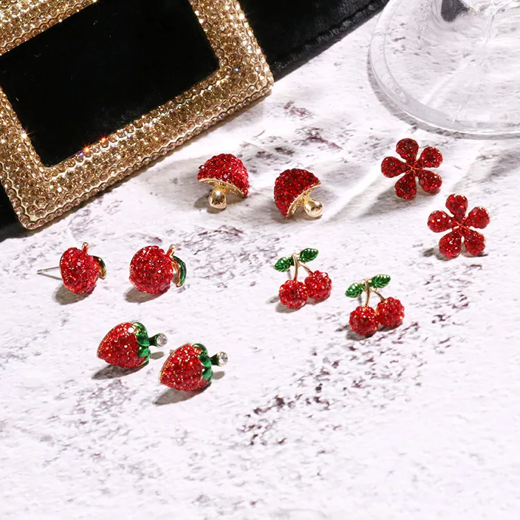 Новинка, серьги с фруктами, вишня, клубника, яблоко, маленький свежий кристалл, цветок, гриб, инкрустированные кристаллами, женские серьги, ювелирные изделия, подарки