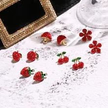 Новинка, серьги с фруктами, вишня, клубника, яблоко, маленький свежий кристалл, цветок, гриб, инкрустированные кристаллами, женские серьги, ювелирные изделия, подарки