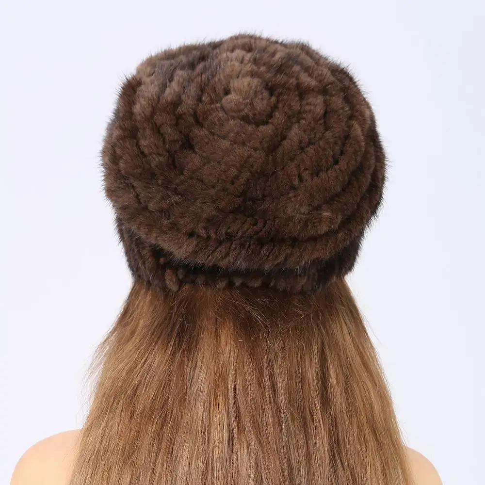New Fashion Style Mink Fur Kinnted Cap Animal Fur Hats ladies Winter Hat With Fur Garpe Woman Stylish Hats