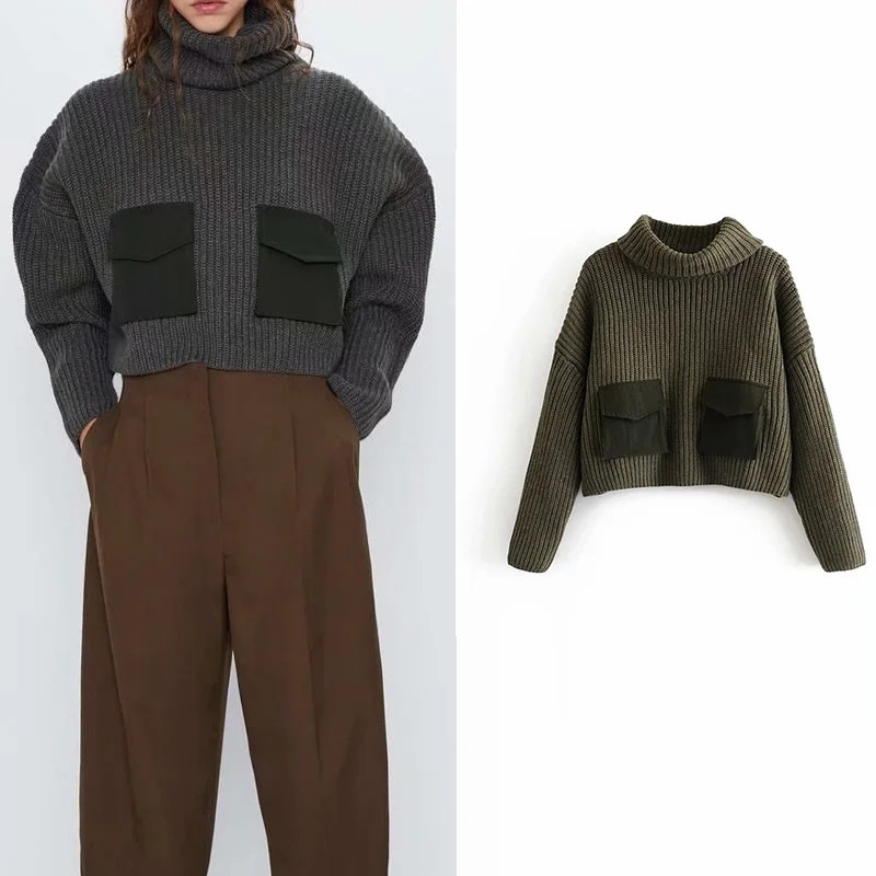 

Vintage Women Sweater Oversized Basic Knitted Sweaters 2019 Turtlneck Pocket Long Sleeve Loose Pullovers Chic Tops Pull Femme