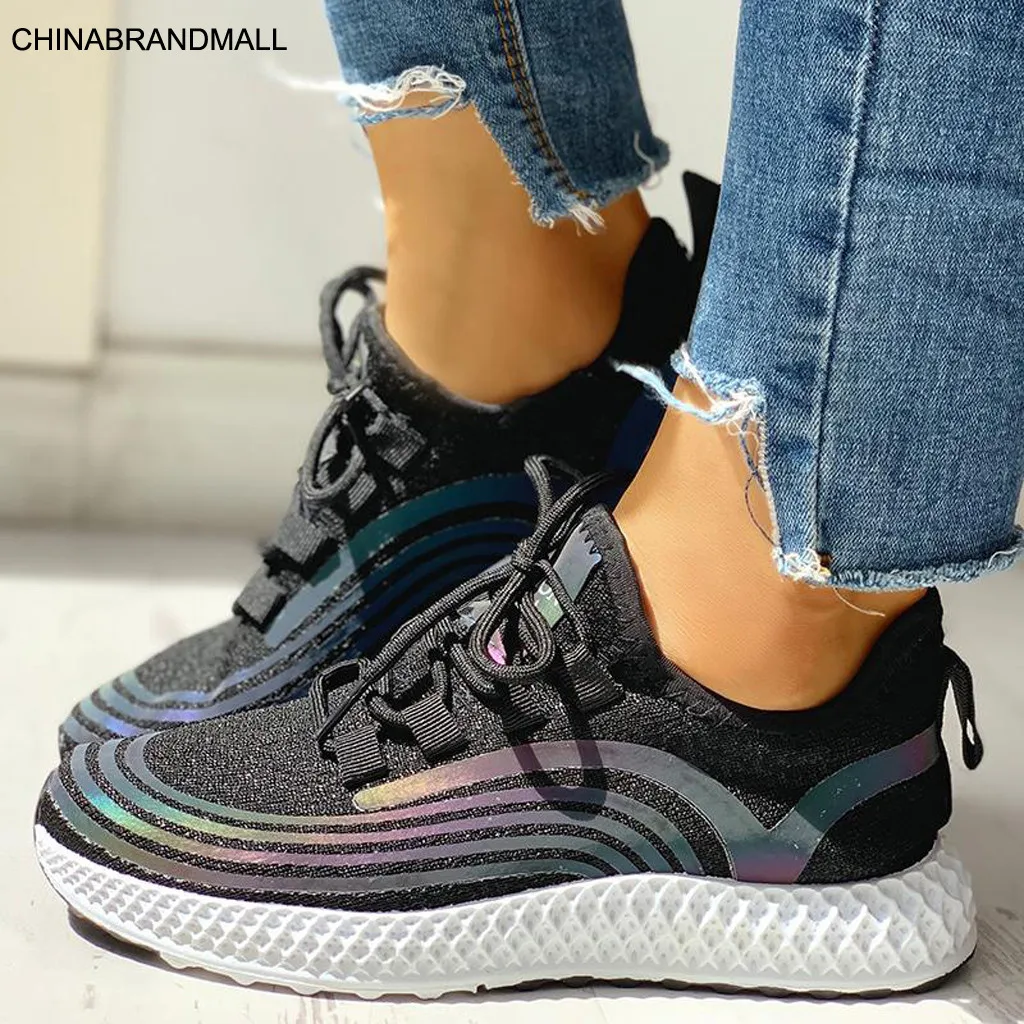 

Reflective Sneakers for Women Women's Fly-knit Round Toe Lace-up Sneakers Lightweight Breathable Sneakers Zapatillas Mujer