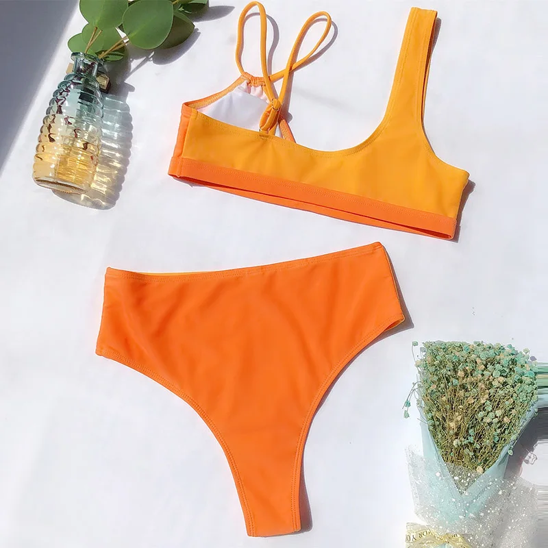 Yellow Orange Patchwork Bikini Set High Waist Swimwear Women High Cut Swimsuit String Strap Bathing Suit Female 2020 Biquini