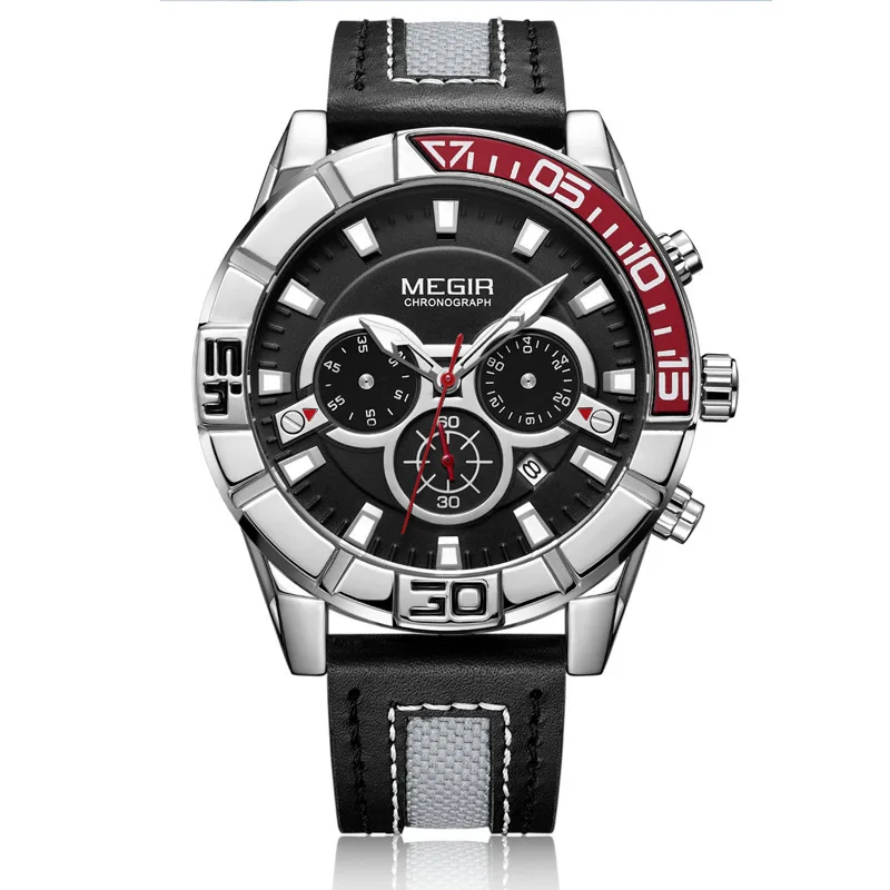 

Megir mei gainer 2066 Men Hands Quartz Watch Leather Belt Three Small Disc Automatic Calendar Waterproof Watch