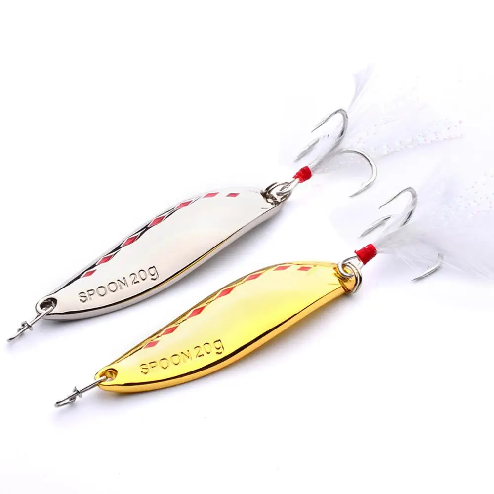 10PCS Fishing Metal Spoon Lure Treble Feather Trolling Shore Casting
