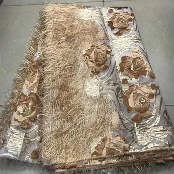 

2020 Latest Champagne African Mesh Lace Fabric Nigeria Net Lace Fabric High Quality Organza Silver Line soft Embroidery Dress