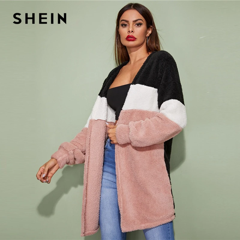 SHEIN разноцветное повседневное зимнее пальто с открытой передней частью, женская уличная одежда с длинным рукавом, Женская эластичная верхняя одежда с цветными блоками