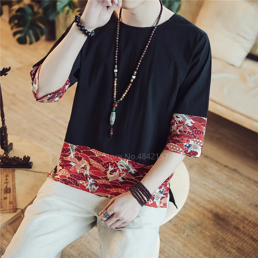 Summer Vintage Shirts Embroidery Chinese Top Cotton Linen Carp Kung Fu Hanfu Traditional Chinese Clothing for Men Blouse