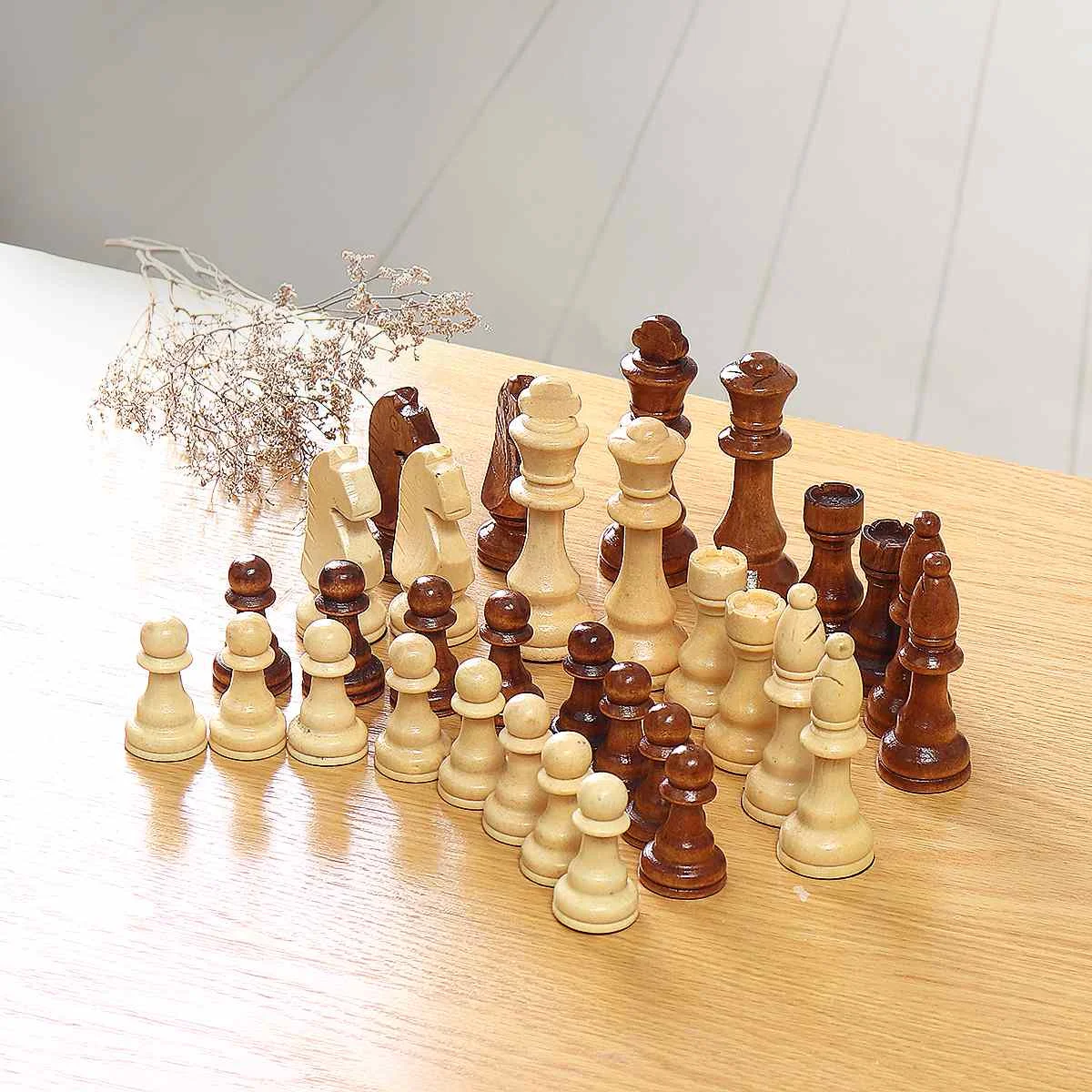 32pcs Replace Wooden Carved Chess Pieces Hand Crafted Set Large 91mm 