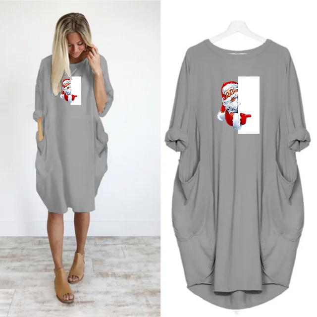 Navidad Women Dress Christmas Pocket Casual Loose Vintage Party Fall Clothes Santa Claus Kawaii Womens  Dresses D002M542 Gray