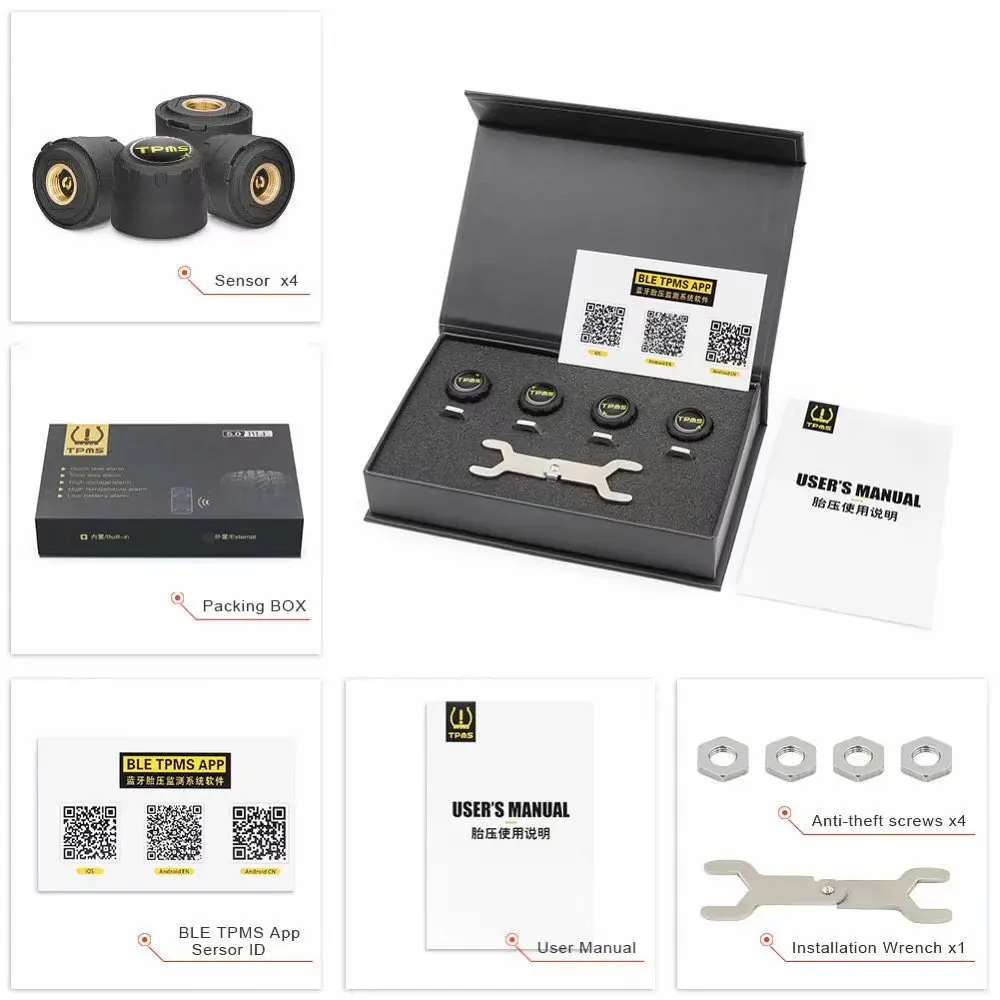 Car tire pressure monitor motorcycle tire pressure monitor car tire pressure sensor New TPMS Bluetooth 5.0 Tire Pressure Monitor System 4 Internal/External Sensor Works Android/iOS Mobile Phone APP Display
