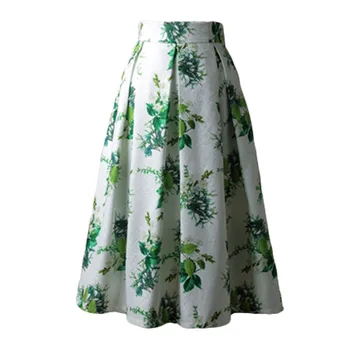 

Floral Print Knee-Length Pleated Skirt Fashion Green White Vintage Ball Gown Tutu Skater High Waist Midi Skirts Womens Causal