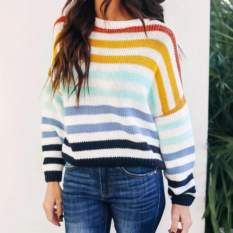 

Missufe Autumn Winter Colorful Striped Sweaters Women Long Sleeve Warm Knitted Jumper Loose Pullovers Retro O Neck Sweater Femme