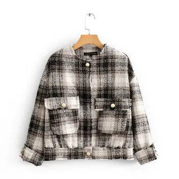 

Zatraf women's new round neck long sleeve single breasted fur trim coat in autumn 2019 Plaid tweed coat 08289416093