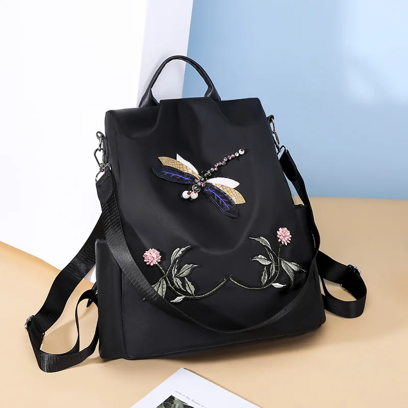 Simple Embroidery Backpack Shoulder Bags For Women Waterproof Oxford Travel Knapsack Large Capacity Student Laptop Rucksack