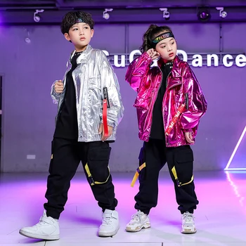 

New Children's Hip-hop Dance Costumes Boys And Girls Street Dance Silver/gold/red Shiny Jacket Jazz Dance Stage Outfit VO521