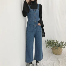 Осенний возраст, свободный нагрудник, женские студенческие джинсы, весенние новые корейские широкие джинсы, девять очков, брюки, синие женские джинсы