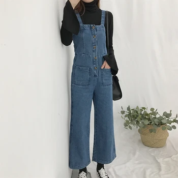 

Autumn age reducing loose bib female student jeans 2019 spring new Korean wide leg jeans nine points pants tide blue women jeans