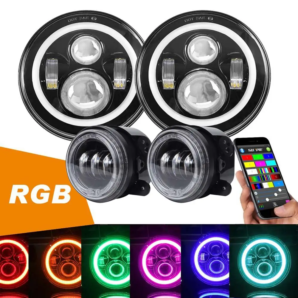 7 дюймовые круглые светодиодные фары + 4 Противотуманные RGB Halo для Jeep Wrangler Bluetooth Phone