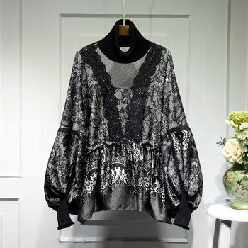 

SuperAen Lace Stitching Knitted Turtleneck Shirts Women Autumn and Spring 2020 New Ladies Blouses and Tops Korean Style Tops