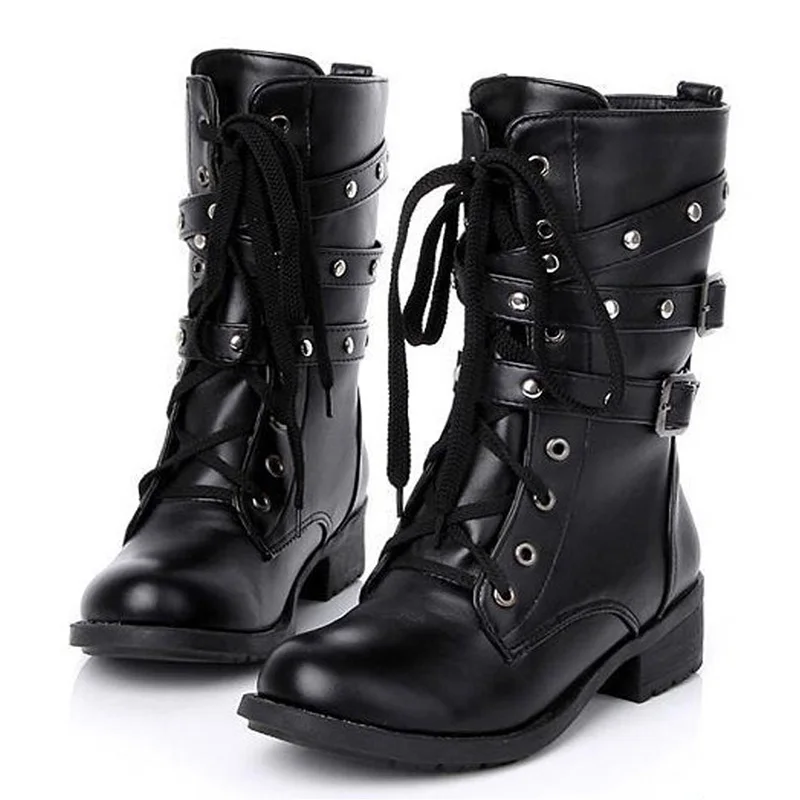 

Winter Rivet Lace Up Boots Women Mid-Calf Heels Shoes Boots Round Toe Buckle Strap Boots Casual botas mujer botki damskie D25