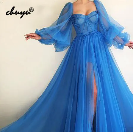 

Elegant Blue Muslim Evening Dresses Long Sleeves Lace Slit Illusion Islamic Dubai Saudi Arabic Long Evening Gown Prom Dress-i