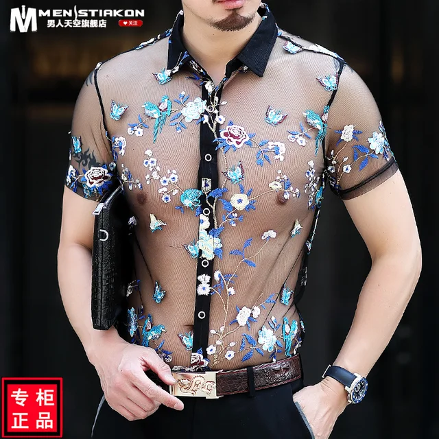 Super Sexy Transparent Shirt Emboridery Camisa Hombre Slim Fit Mesh Shirt  Men Outfit Top 4xl Flower See Through Shirt - AliExpress Men's Clothing