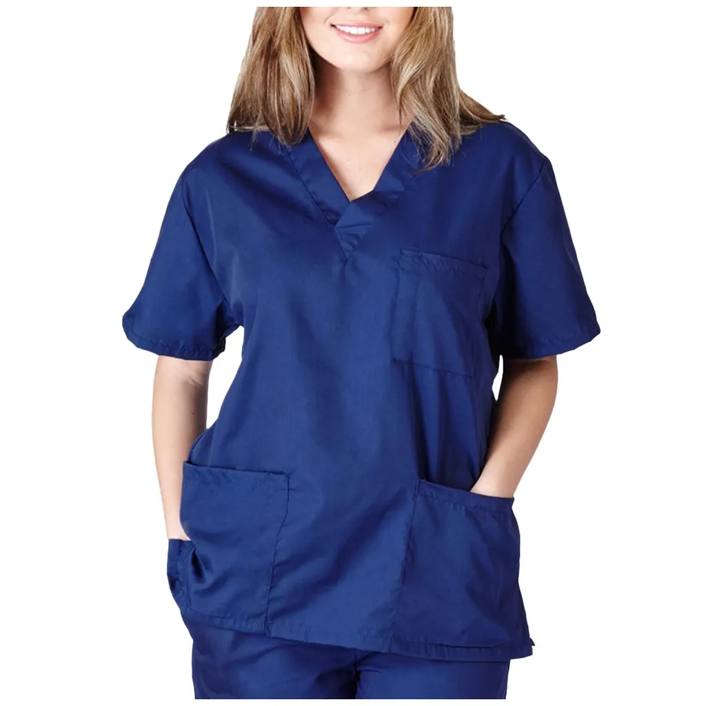 Men Women Nursing Uniform Blouse Short Sleeve V-neck Blouse Scrub Tops Pocket Loose Shirt Unisex Work Wear Uniform Blouses nurse scrubs top working uniform blouse