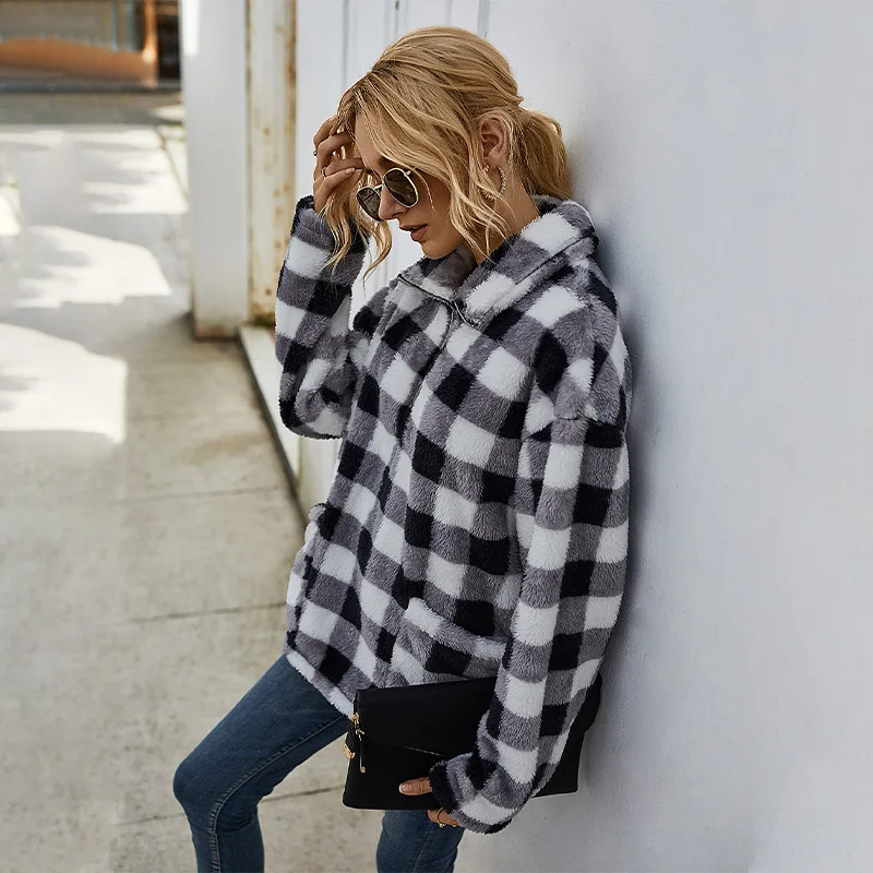 [Fluffy Camouflage Zipper Women's Sweatshirts Turn-down Collar Female Pullovers 2021 Autumnn Winter New Casual Ladies Sweatshirt]