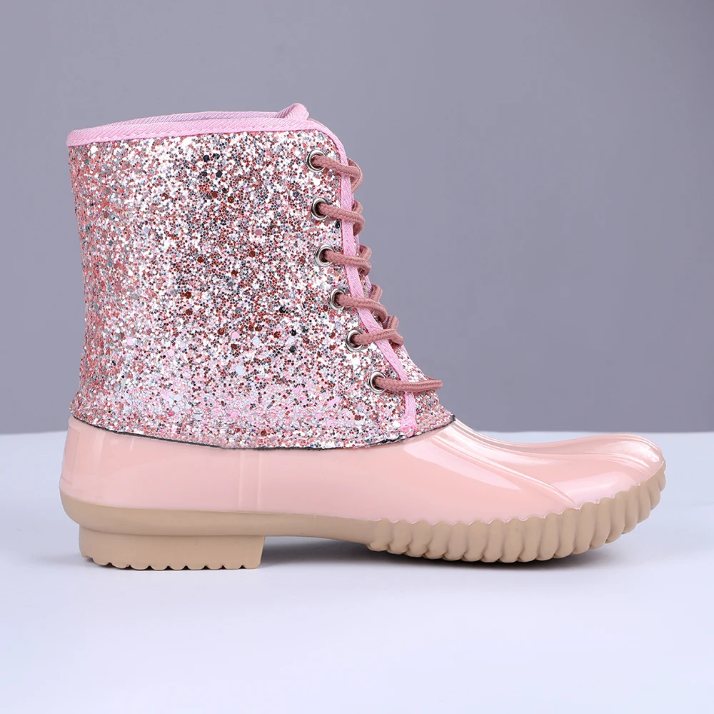 

PVC Glitter Boots Women Casual Waterproof Lace-up Round Toe Waterproof Ankle Snow Boots Ladies Shoes Botas Feminina
