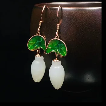 

Natural Hetian White Jade With Lotus Leaf Drop Earrings 925 Silver Natural White Gemstone Earrings Jewelry For Party