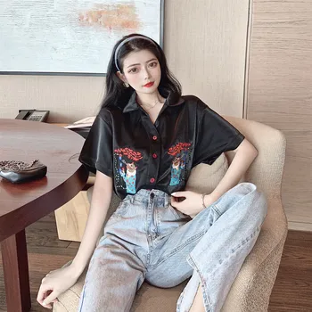 

COIGARSAM 4XL Plus Size Vintage Short Sleeve Shirt Womens tops Summer Embroidery Loose Women shirts Black 9153