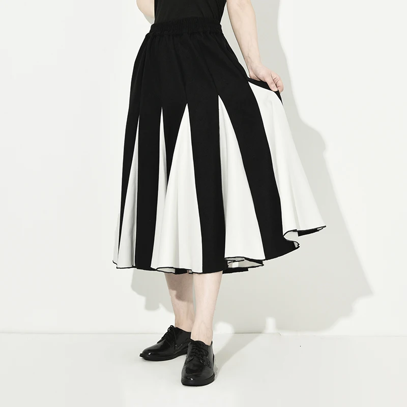 [EAM] Серая шерстяная юбка средней длины с высокой эластичной резинкой на талии контрастного цвета, Женская модная новая весенне-осенняя коллекция, 1D7540