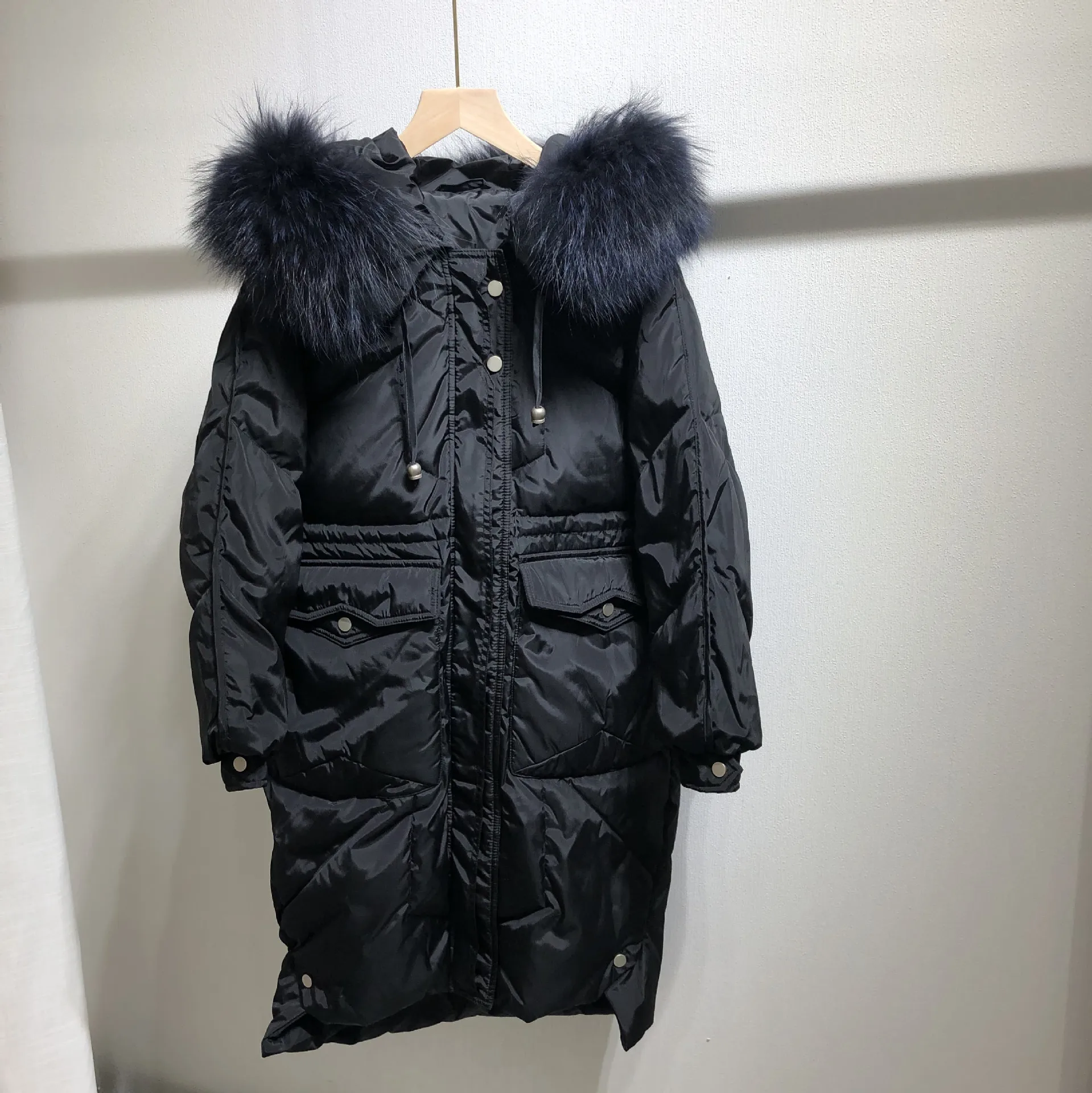 Large Pocket Drawstring Slimming White Duck Down Jacket Women's Mid-length Winter Large Fur Collar Thick Korean-style Coat