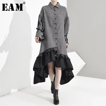 

[EAM] Women Gray Asymmetrical Hemline Ruffles Long Dress New Lapel Long Sleeve Loose Fit Fashion Tide Spring Autumn 2020 JD7170