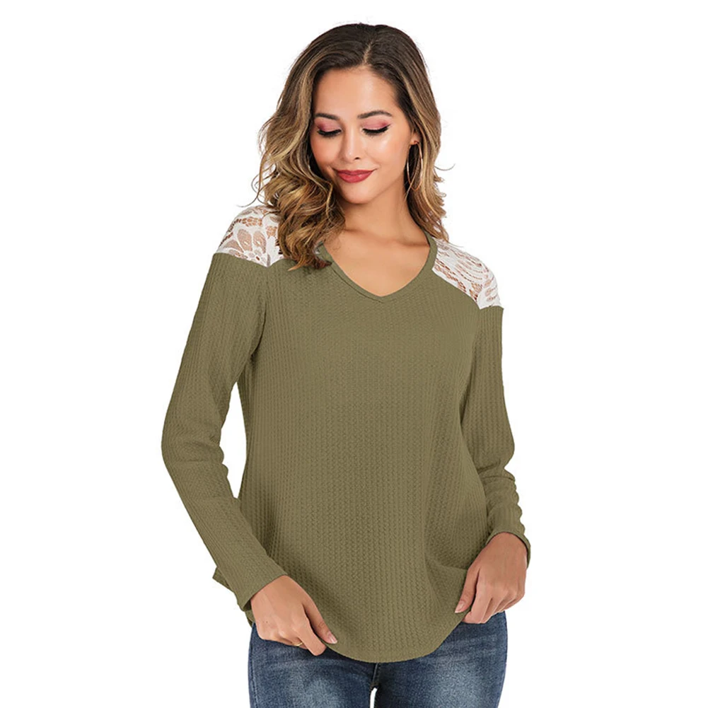 

Solid Lace Fashion Casual V Neck Women Shirt Patchwork Loose Blouse Stitching Soft Breathable Work Long Sleeve