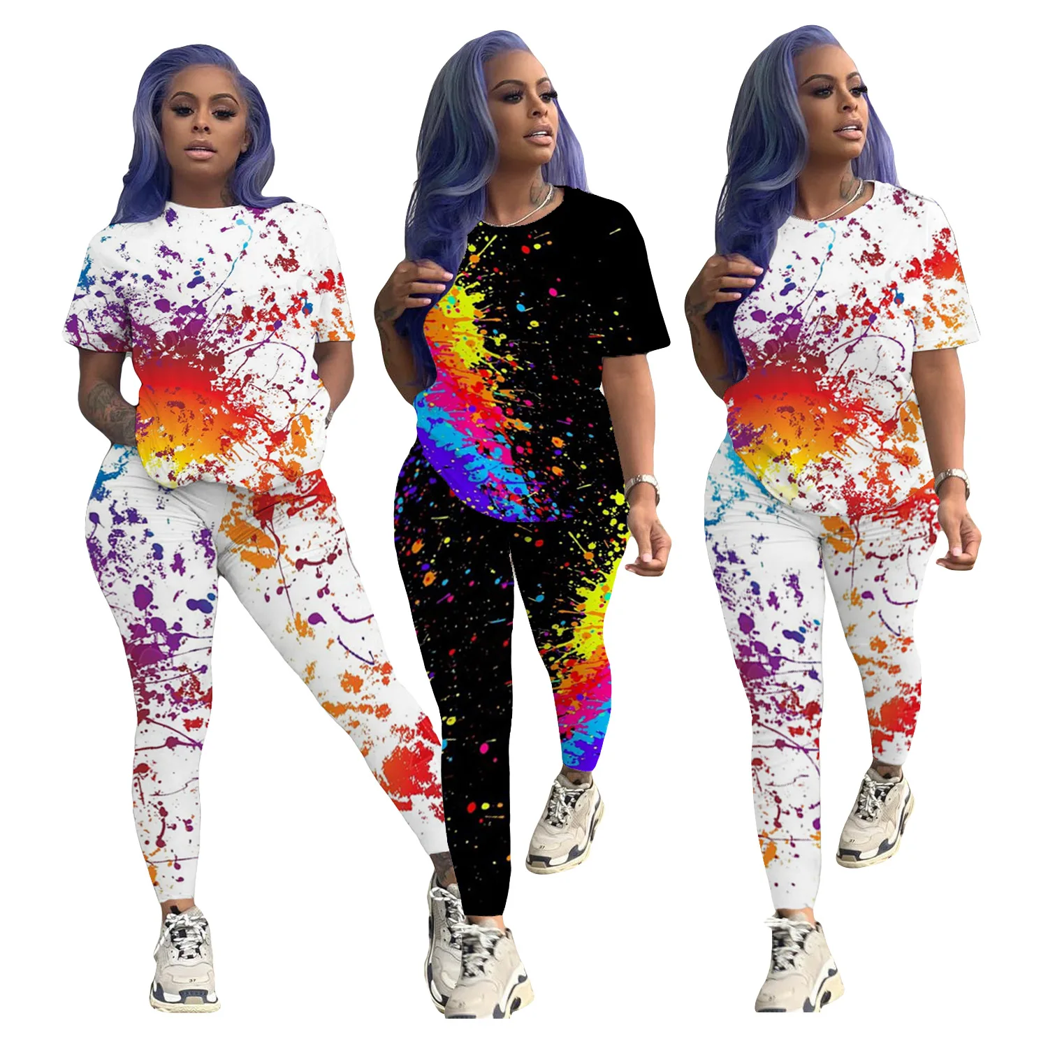 Women's European and American Fashion Casual Graffiti Print Short Sleeve Trousers Two-Piece Suit boliyae graffiti baggy jeans women high waist straight denim pants y2k fashion harajuku streetwear wide leg trousers winter warm