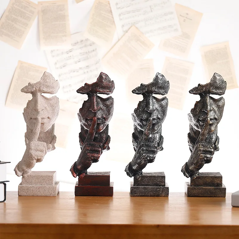 

Creative Thinker Statue Vintage Abstract Character Sculpture Silence Is Gold Mini Sculpture Family Desktop Craft Gift Decoration
