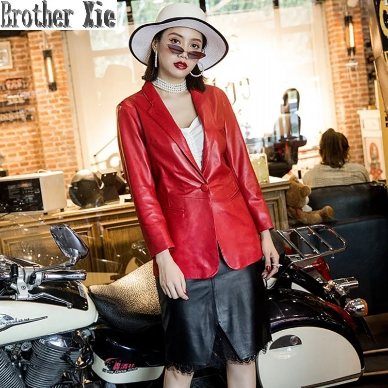

2020 Spring Red Lambskin Real Leather Suits Jacket Office Lady Elegant 100% Genuine Leather Blazer Coat Women Slim Short outwear