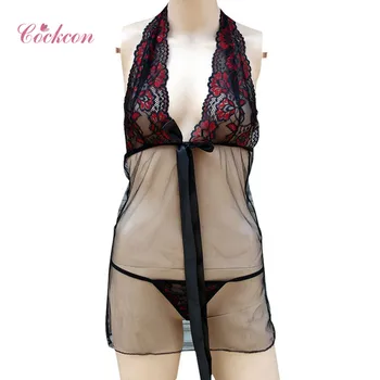 

Summer Sexy Halter Floral Back Black Nightdress Bow Straps Red Hollow out embroidery backless Cross Stitching Mesh