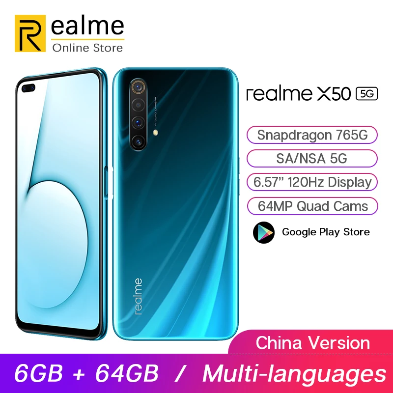 Realme X50 5G мобильный телефон Snapdragon 765G 6 ГБ 64 Гб 4 дюйма 120 Гц дисплей мп Quad Cam OPPO VOOC 30 Вт