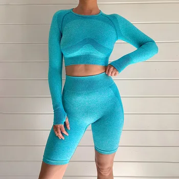 

Women's Sets Spring Autumn Long Sleeve Crop Top + Knee Pants Sports Suit Seamless Knitted Tight Clothes Breathable Slim Set