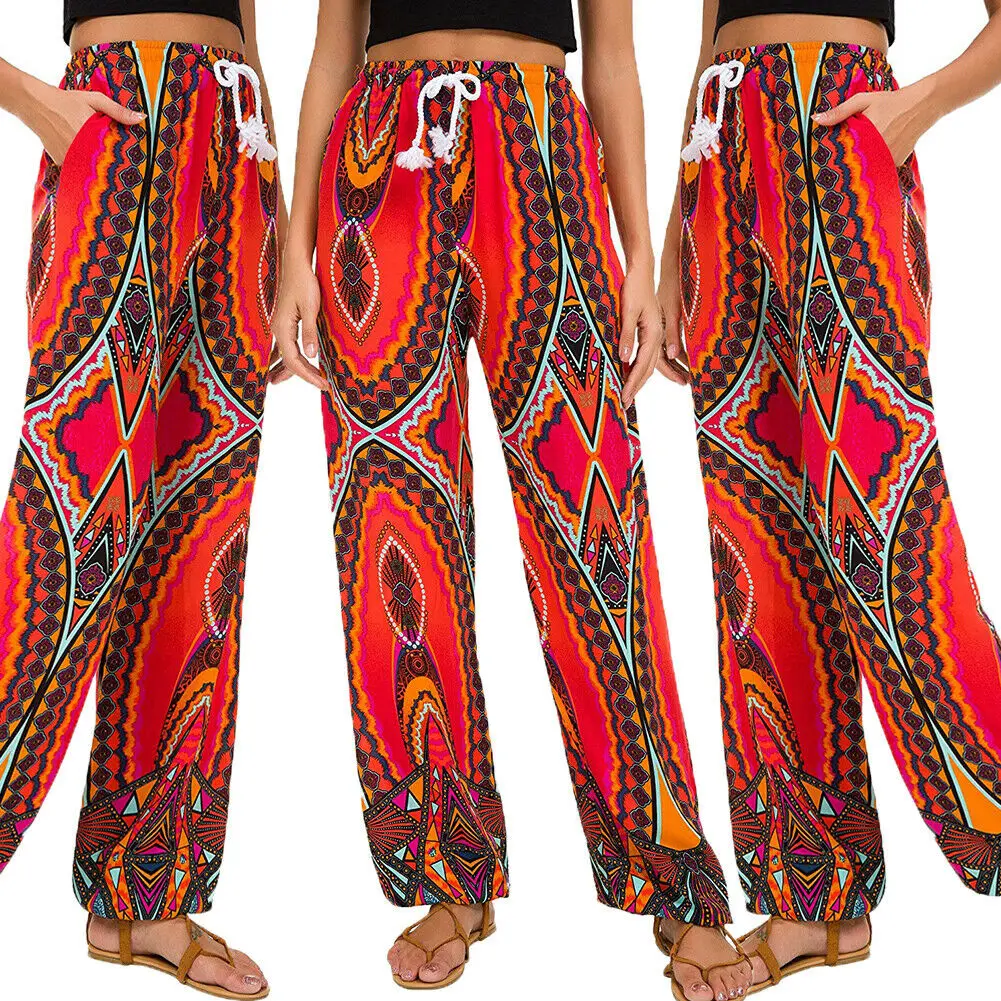 Специальные 2019 женские летние сексуальные удобные мешковатые брюки Boho Хиппи широкие брюки с цветочным принтом повседневные эластичные